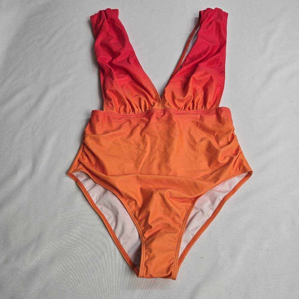 Vibrant one-piece women's swimsuit red-to-orange gradient plunge design Size M